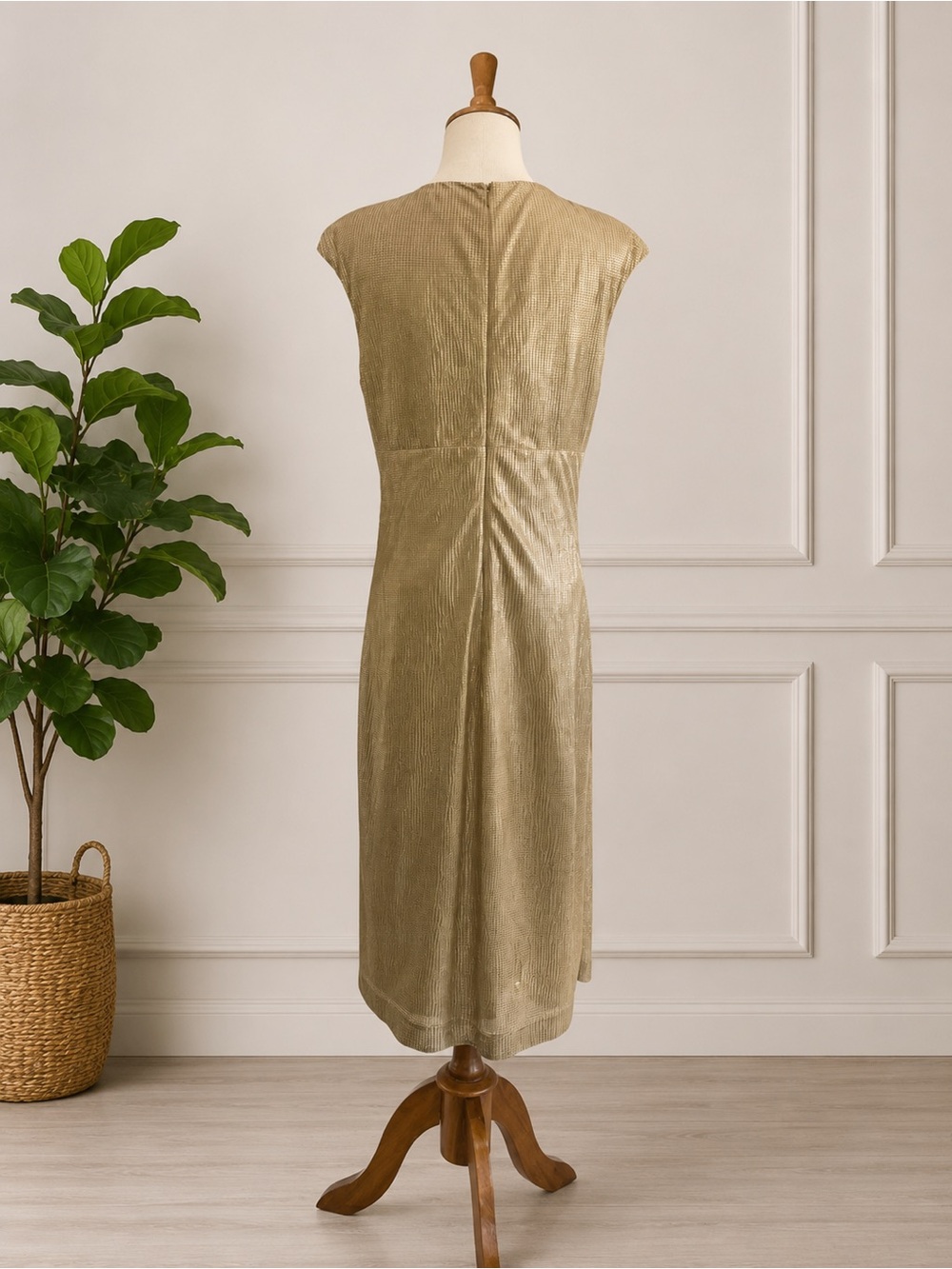 Champagne colored Metallic V-Neck Dress by Ralph Lauren - Picture 2 of 5